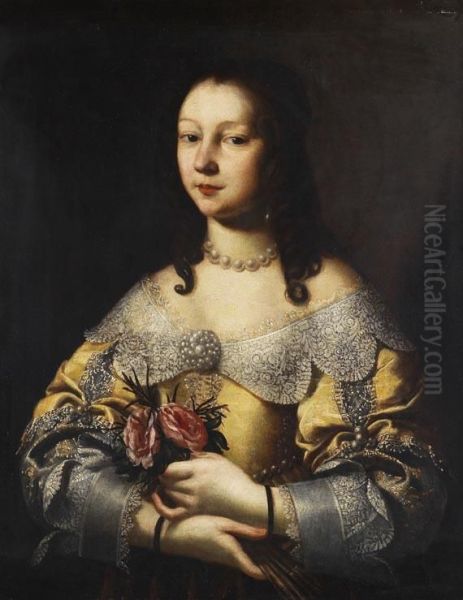 Portrat Einer Eleganten Dame Mit Kleinem Rosenbouquet Oil Painting by Pier Francesco Cittadini Il Milanese