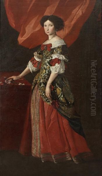 Portrait Of A Lady, Full-length, In A Red Andgold Brocade Dress Standing Before A Red Curtain Oil Painting by Pier Francesco Cittadini Il Milanese