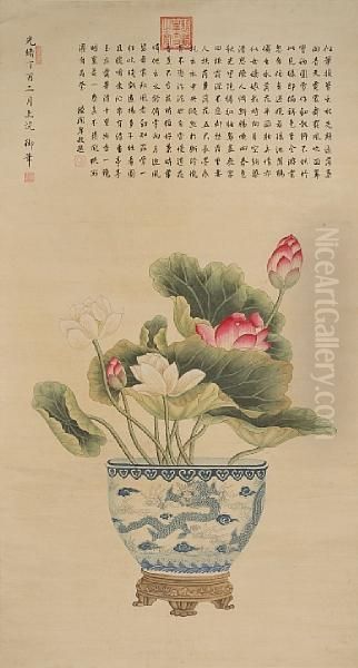 Lotus In A Pot Oil Painting by Dowager Empress Cixi