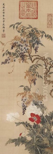 Wisteria And Flowers Oil Painting by Dowager Empress Cixi