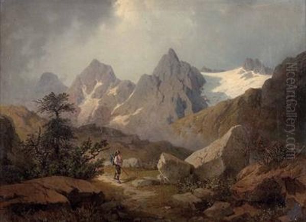 Wanderer In Tiroler Hochalpiner Landschaft Oil Painting by Constant Guillaume Claes