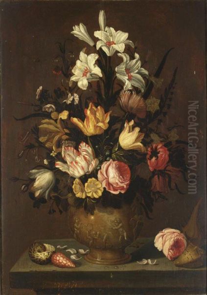 A Still Life With White Lilies, Tulips, Roses, Marigolds, Daffodils And Other Flowers In A Sculpted Stone Vase Adorned With Putti, Together With A Rose And Shells On A Stone Ledge Oil Painting by Anthony I Claesz