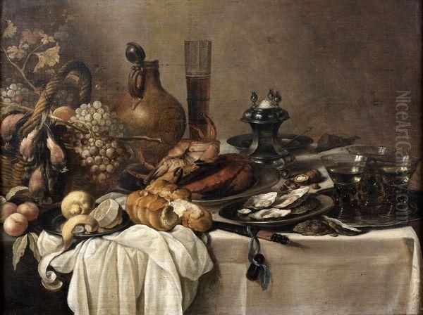 Nature Morte Aux Tourteaux, Pichet Et Verre De Biere. Oil Painting by Pieter Claesz.