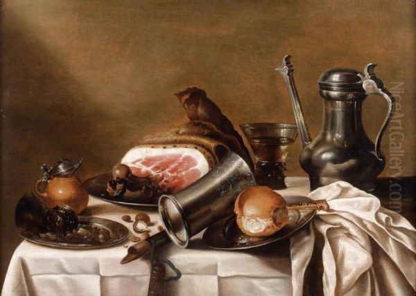 Nature Morte Aux Pieces D'orfevrerie Et Au Jambon Oil Painting by Pieter Claesz.