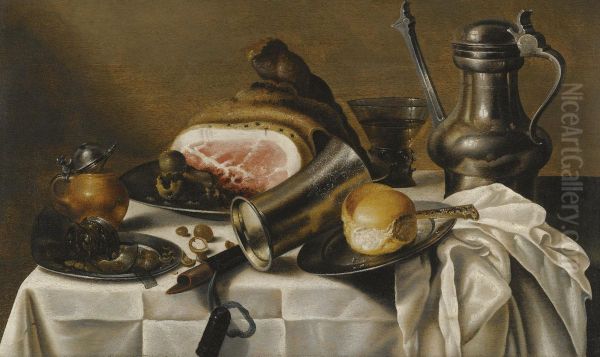 A Still Life Of Ham, A Pewter Plate, A Pewter Pitcher, A Glass Roemer, Hazelnuts, A Bread Roll And Other Objects On A White Table Cloth Oil Painting by Pieter Claesz.