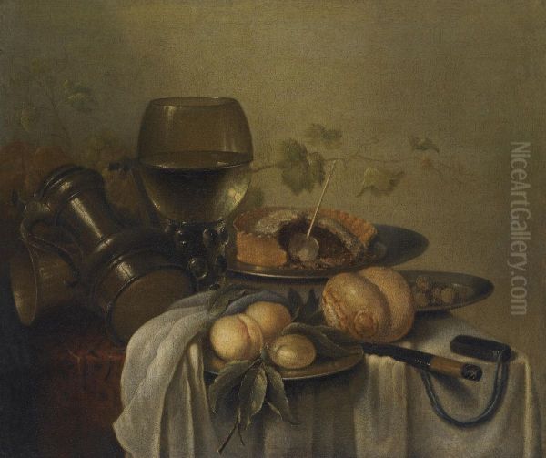 A Still Life With A Meat Pie, Bread, A Glass Roemer And Other Objects On A Table Oil Painting by Pieter Claesz.