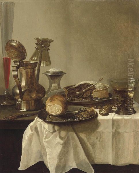 A Pewter Jug With An Upturned Roemer, A Facon-de-venise Flute Of Wine And A Pie On A Pewter Platter On A Partly-draped Table Oil Painting by Pieter Claesz.