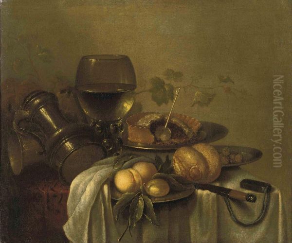 Peaches On A Silver Platter, An Overturned Pewter Jug, A Roemerwith White Wine, A Bread Roll, Olives And A Pie On A Silverplatter, Together With Other Objects On A Partially Drapedtable Oil Painting by Pieter Claesz.