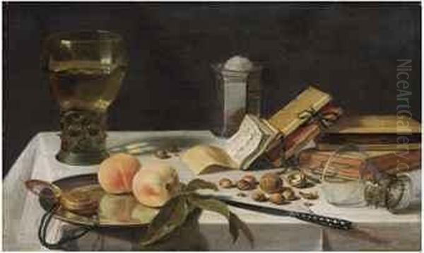 Two Peaches, A Watch, A Roemer Filled With Wine, A Salt Cellar,books And Chestnuts On A Draped Table Oil Painting by Pieter Claesz.