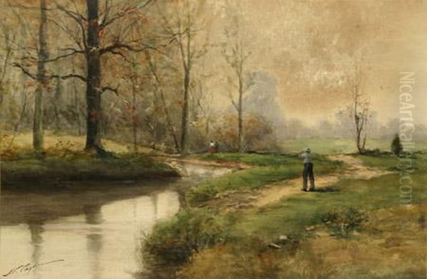 By The Stream, Autumn Oil Painting by Joseph C. Claghorn