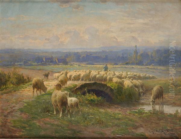 Berger Et Ses Moutons Dans Un Paysage Oil Painting by Charles Clair