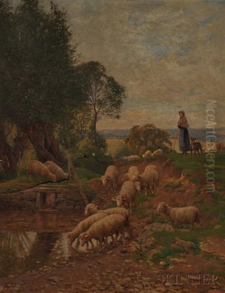 Shepherdess With Flock Oil Painting by Charles Clair