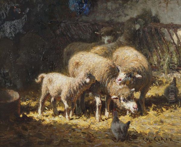 Sheep And Chickens In A Stable Oil Painting by Charles Clair