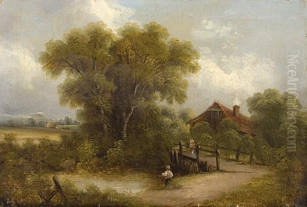 Boy Fishing In A Rural Landscape Oil Painting by Ermanno Clara