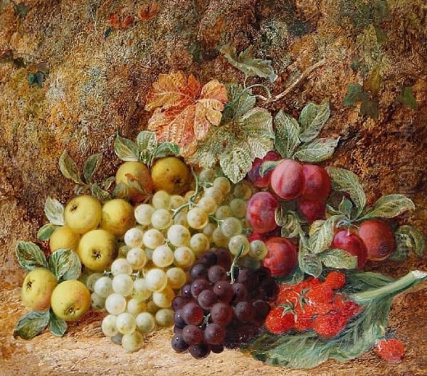 Grapes, Apples, Plums And Strawberries On Amossy Bank Oil Painting by George Clare