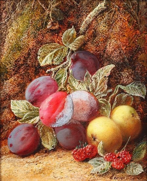 Still Life Of Plums, Raspberries And Apples Ona Mossy Bank Oil Painting by George Clare