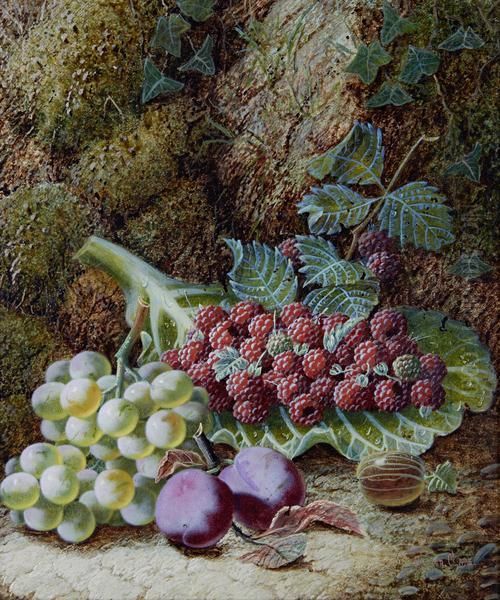 Still Life With Raspberries, Grapes And Plums Oil Painting by Oliver Clare