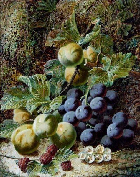 Still Life Of Grapes And Greengages On A Mossy Bank Oil Painting by Oliver Clare