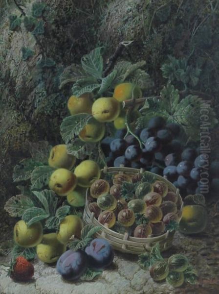 Still Life Of Gooseberries, Plums And Strawberry On A Mossy Bank Oil Painting by Oliver Clare