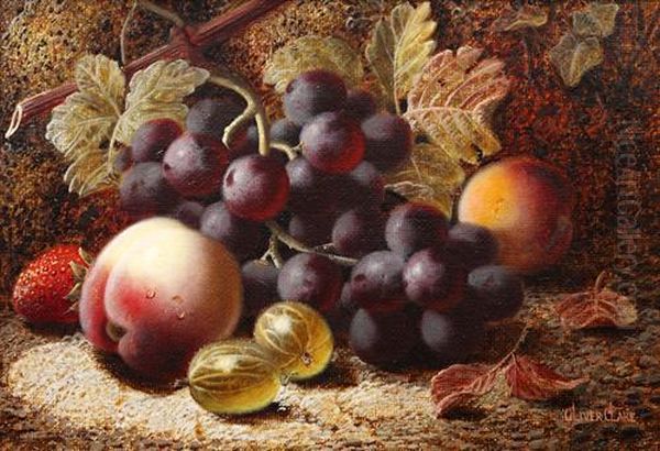 Still Life Of Grapes, Gooseberries, A Peach And A Strawberry On A Mossy Bank Oil Painting by Oliver Clare