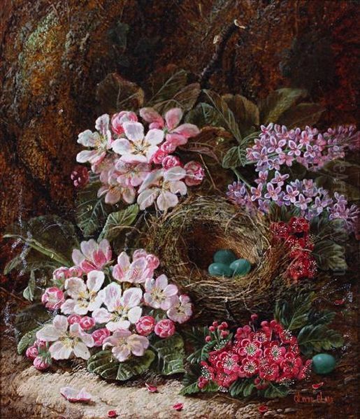 Bird's Nest With Blossom And Spring Flowers Oil Painting by Oliver Clare