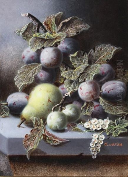 Plums, Greengages, White Currants And A Pear On A Stone Ledge Oil Painting by Oliver Clare