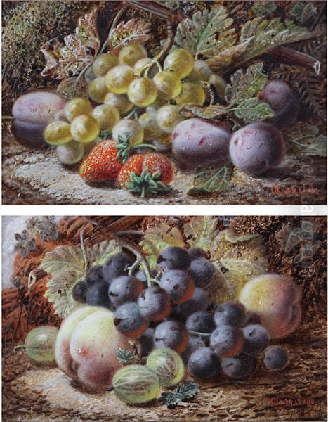 Green Grapes, Plums And Strawberries Oil Painting by Oliver Clare