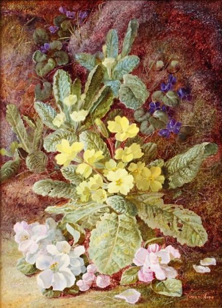 Primroses, Violets And Apple Blossom On A Mossy Bank Oil Painting by Vincent Clare