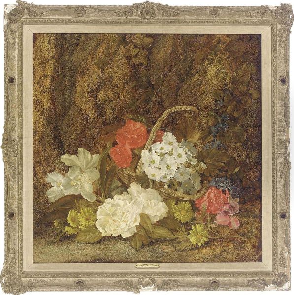 Roses, Primroses, Lilies, Daisies And A Wicker Basket On A Mossy Bank Oil Painting by Vincent Clare