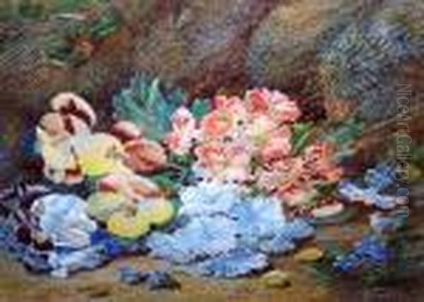 Primula And Violas On A Mossy Bank by Vincent Clare