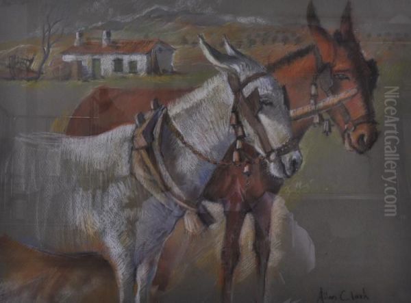 Two Donkeys In A Landscape Setting Oil Painting by Allan Clark