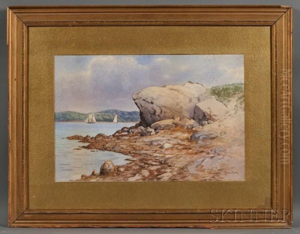 Rocky Coast With Distant Sailing Vessels Oil Painting by C. Myron Clark