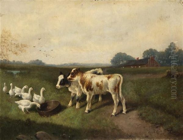 Cows And Geese Oil Painting by Ernest Clark