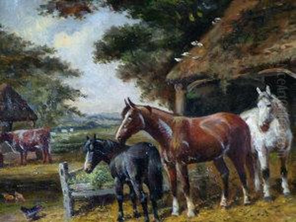 Horses, Cattle And Chickens In A Farmyard Oil Painting by Frank Scott Clark