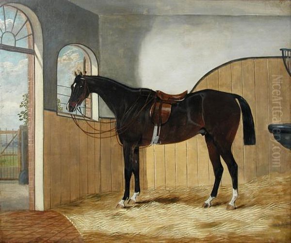 A Dark Bay Hunter In A Stable Oil Painting by James Senior Clark