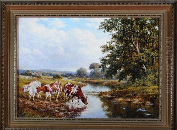 Cattle At A River Bank Oil Painting by Joseph Dixon Clark