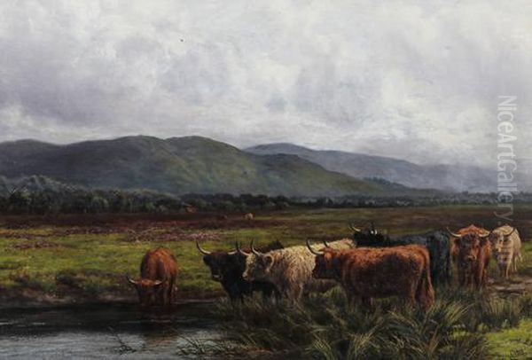 Highland Cattle Watering In A Landscape Oil Painting by Joseph Dixon Clark