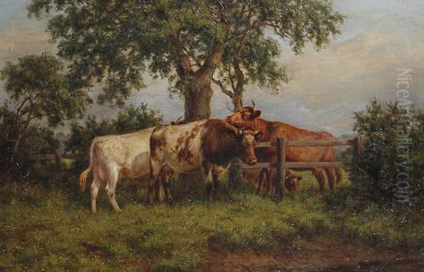 Cattle In The Shade By A Fence Oil Painting by Joseph Dixon Clark