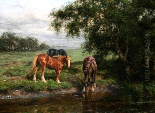 Horses Watering At A Riverside Oil Painting by Joseph Dixon Clark