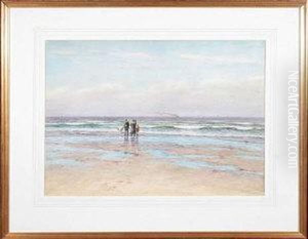 Parents And Children On The Beach At Cullercoats Oil Painting by Joseph Dixon Clark