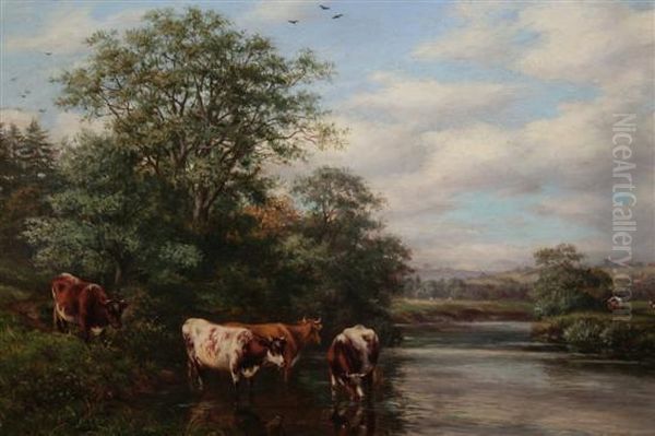 Cattle Watering In A River Landscape Oil Painting by Joseph Dixon Clark