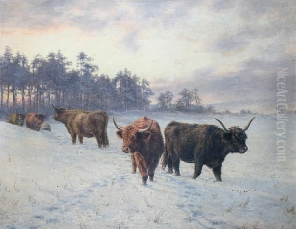 Highland Cattle In A Snowy Landscape Oil Painting by Joseph Dixon Clark