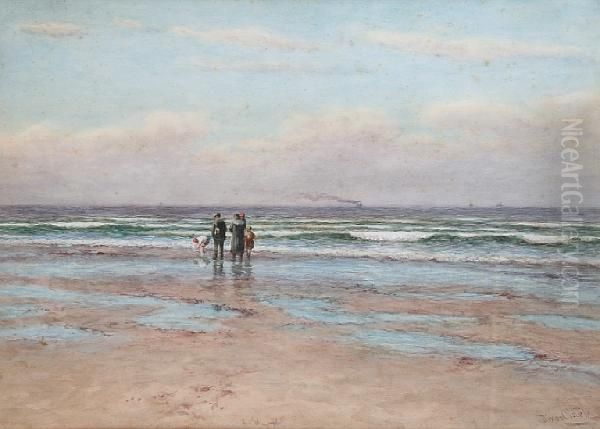 A Family Paddling On The Shore Oil Painting by Joseph Dixon Clark