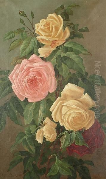 Still Lives Of Pink And Yellow Roses Oil Painting by Lizzie Clark