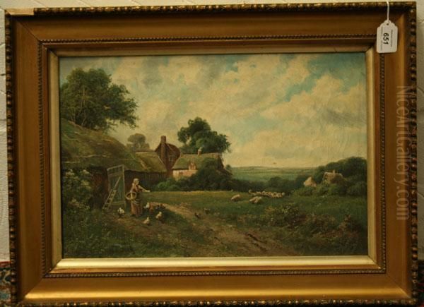 Female Figure Feeding Chickens In Farmyard Oil Painting by Octavius Thomas Clark