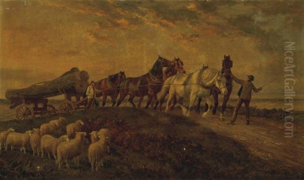 Horses Pulling Logs, Sheep Resting In The Foreground Oil Painting by Joseph Clark