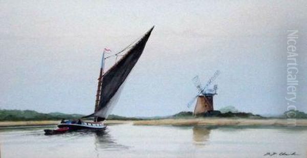 Wherry Passing A Mill Oil Painting by F. Clarke