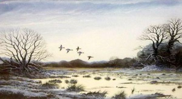 Ducks In Flight Over An Estuary In Winter Oil Painting by F. Clarke