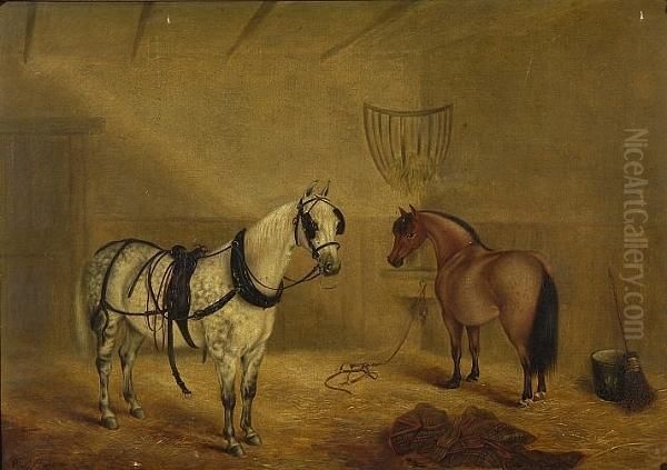 Horses In A Stable Interior Oil Painting by Frederick Clarke