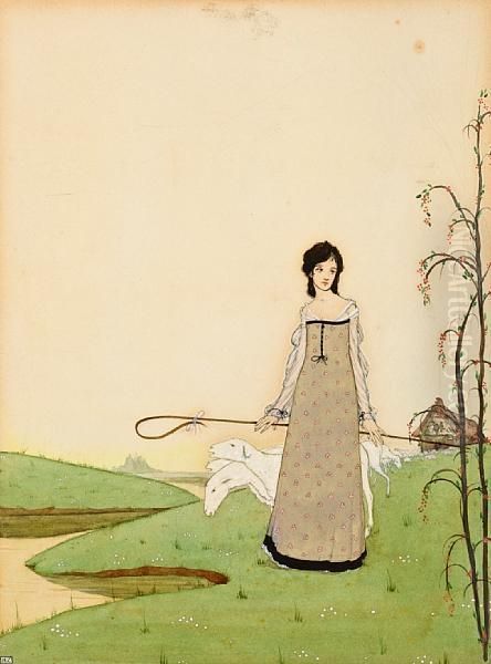 She Walks-the Lady Of My Delight-a Shepherdess Of Sheep Oil Painting by Harry Clarke